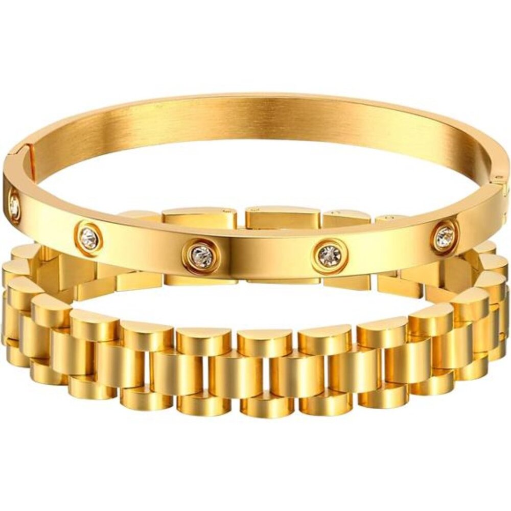 2pcs Gold Chain Link Bracelet, Stainless Steel Crystal Friendship Bracelets